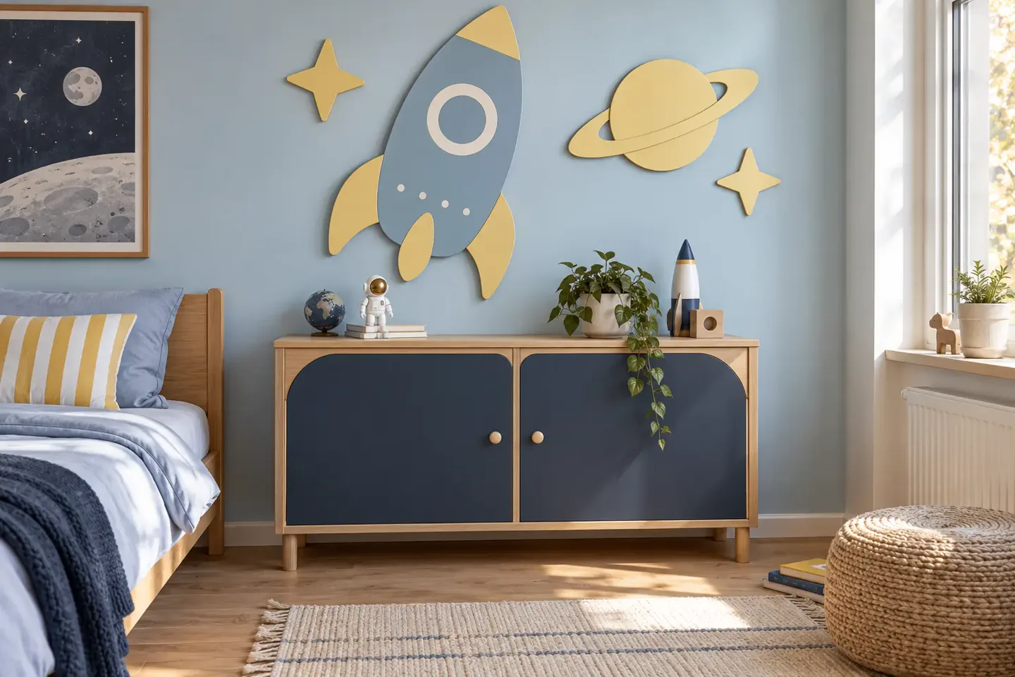 Blauwe kinderkamer met contourdecoratie van een raket, planeet en sterren boven een kast