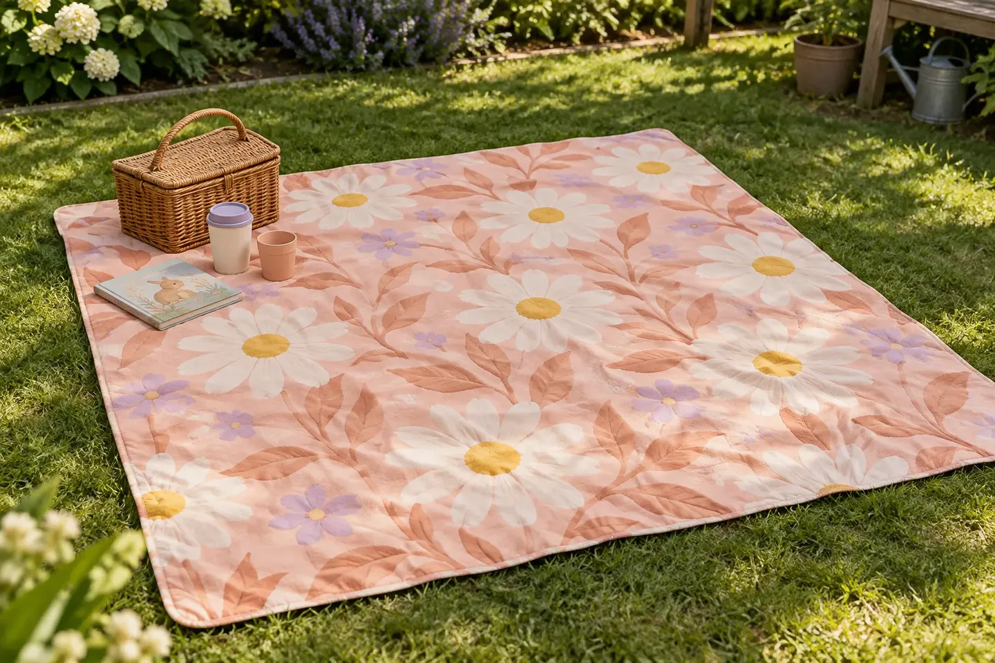Perzikkleurig picknickkleed met grote bloemenprint buiten op het gras