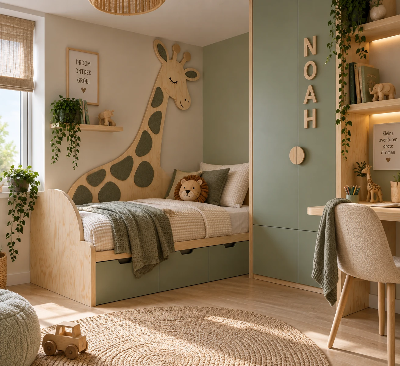 Kinderkamer met een houten bed, groene maatwerkkast, giraffe van multiplex met vilten vlakken, naamletters NOAH en een bureau