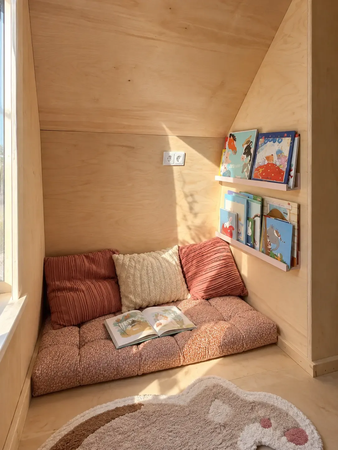 Knusse leeshoek met kussens, een opengeslagen boek en boekenplankjes aan de wand
