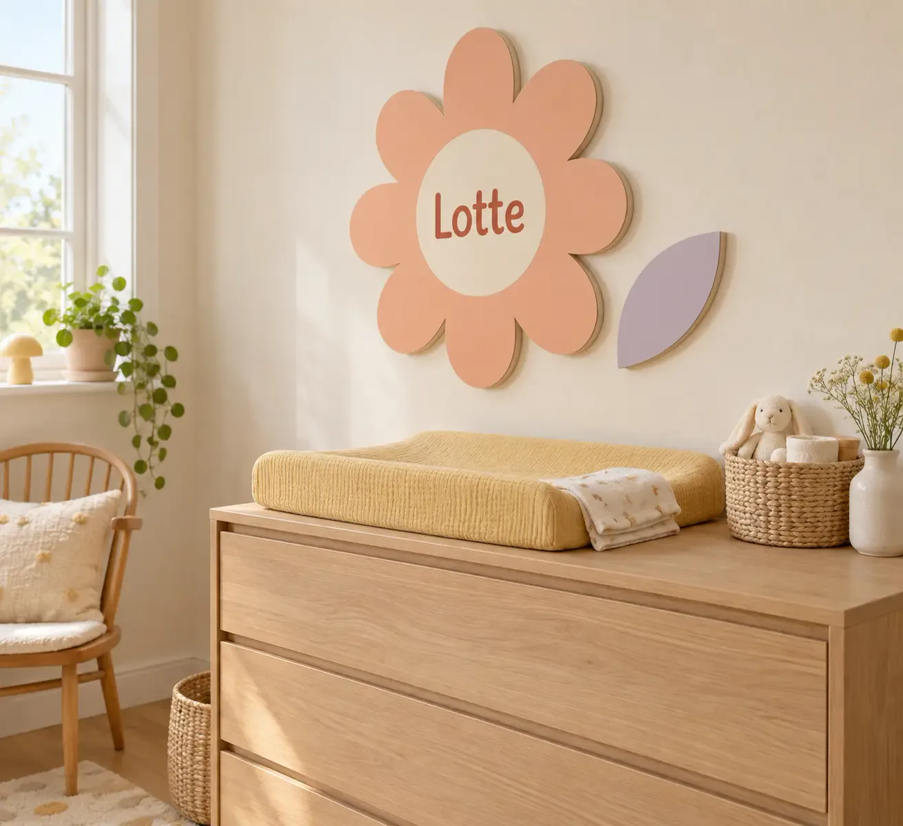Perzikkleurige bloemvorm met de voorbeeldnaam Lotte boven een houten commode