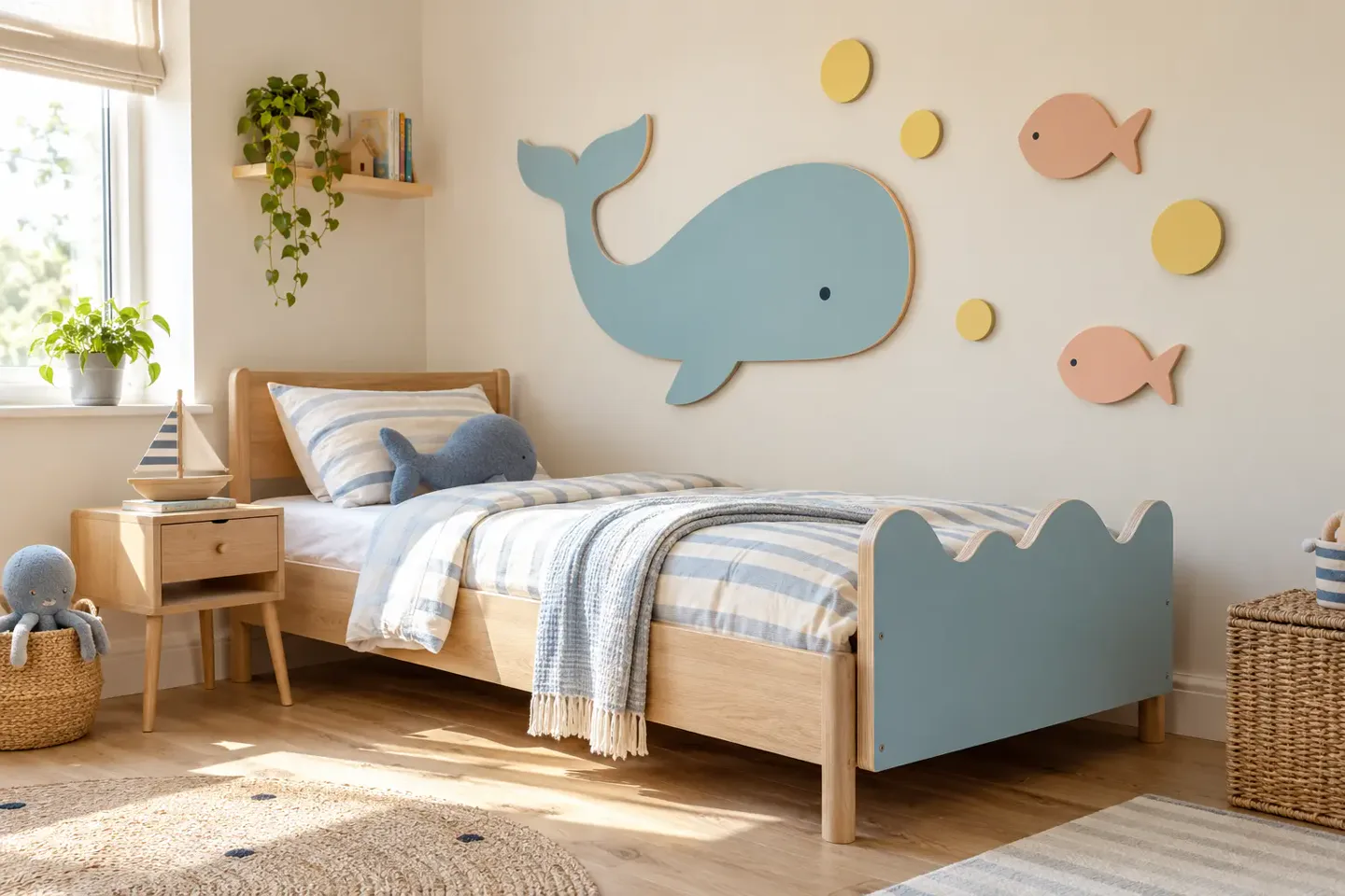 Kinderkamer met een blauwe walvis, vissen aan de muur en een decoratief golvend bedfront