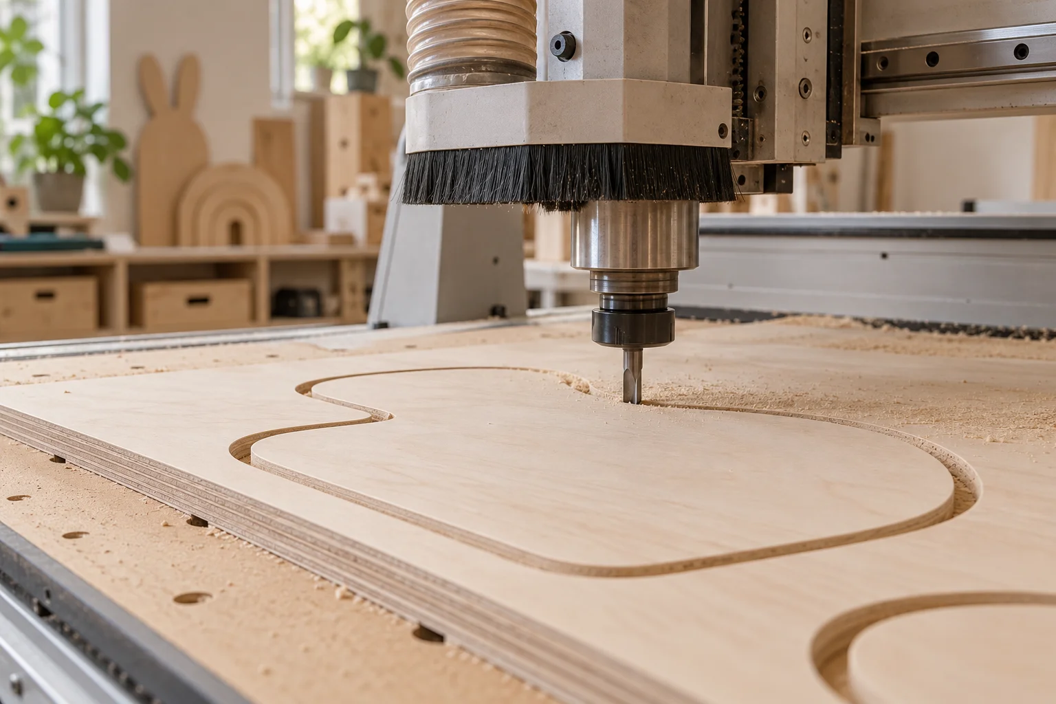 Een CNC-frees bewerkt een ronde contourvorm in een houten plaat.