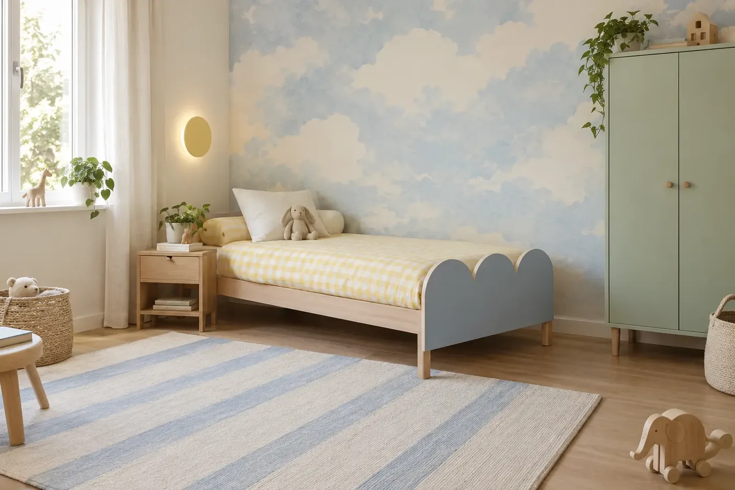 Blauwe kinderkamer met wolkenbehang en een decoratief blauw bedfront