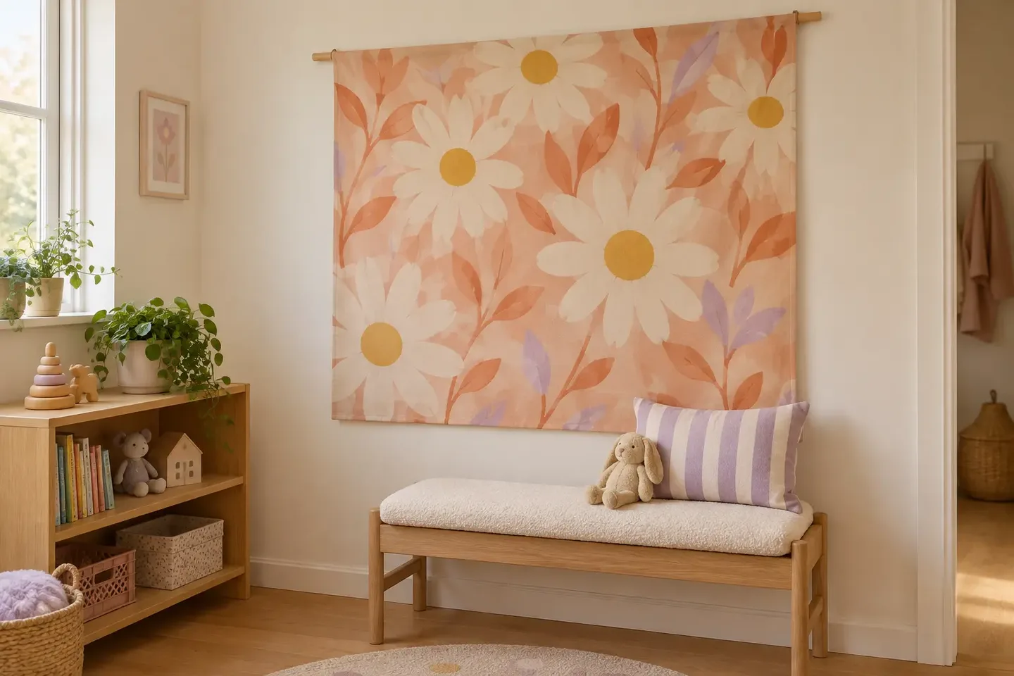 Bloemenwandkleed boven een houten bankje in een leeshoek