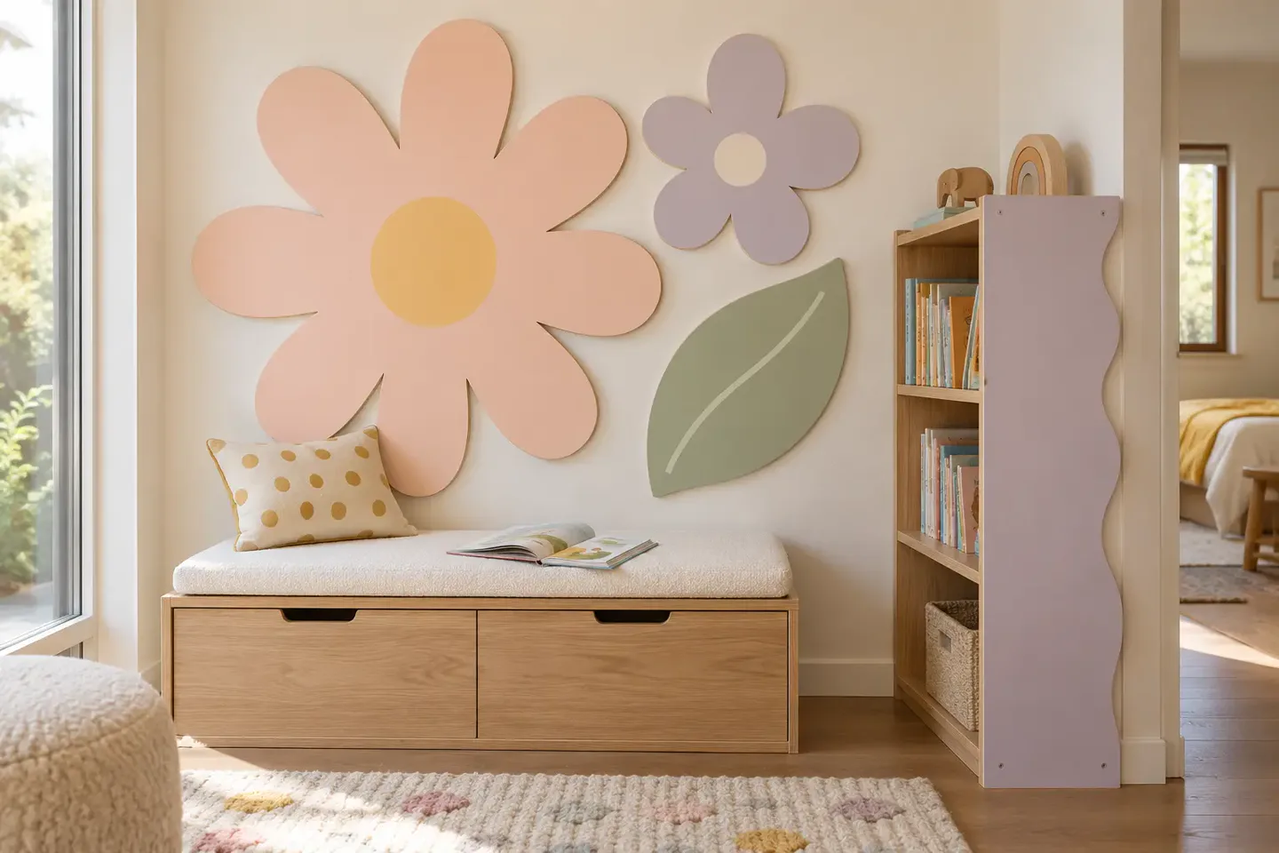 Leeshoek met grote contourbloemen en een blad aan de muur en een boekenkast met golvend zijpaneel