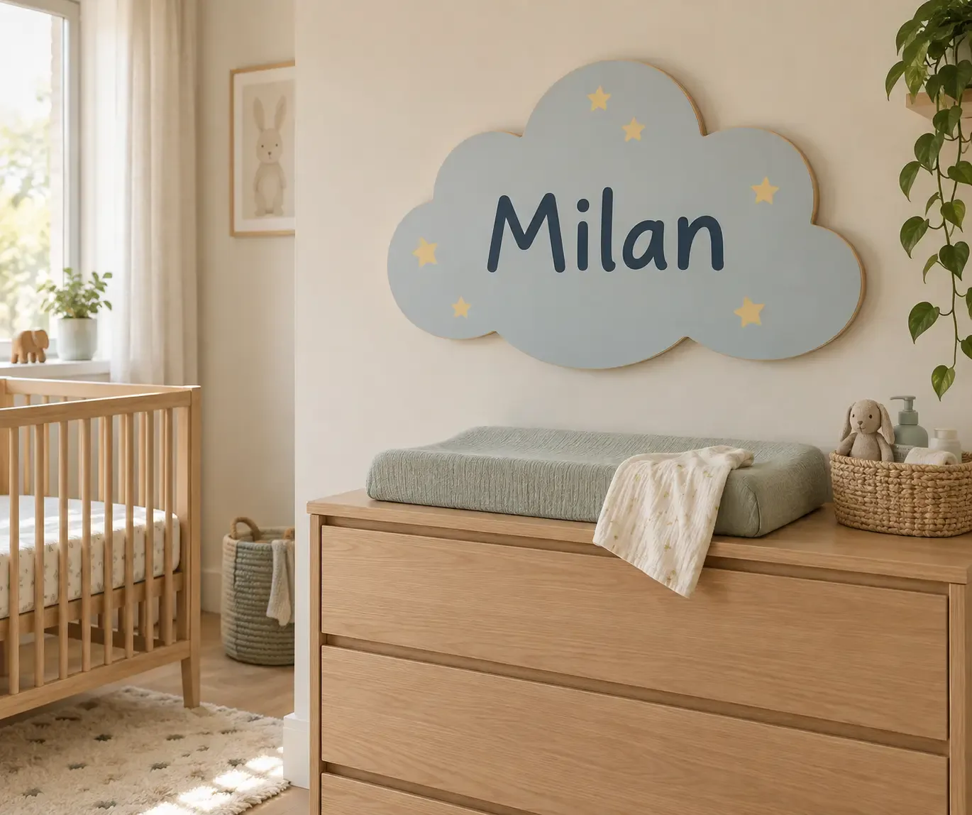 Blauwe wolkvorm met de voorbeeldnaam Milan boven een houten commode