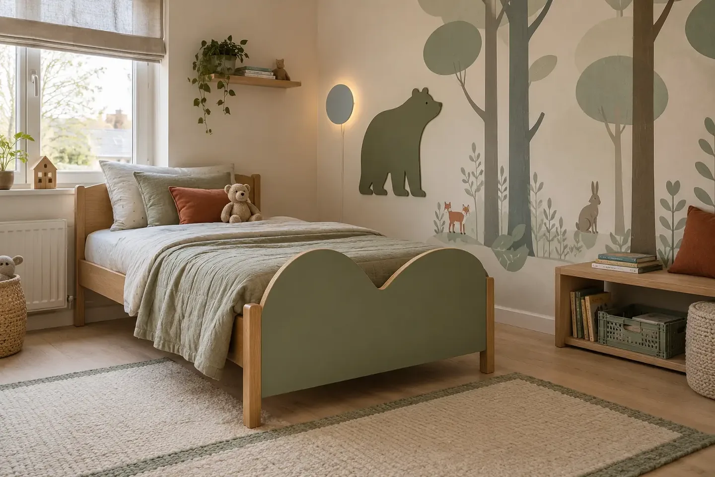 Boskamer met groen bedfront, bosbehang en dieren