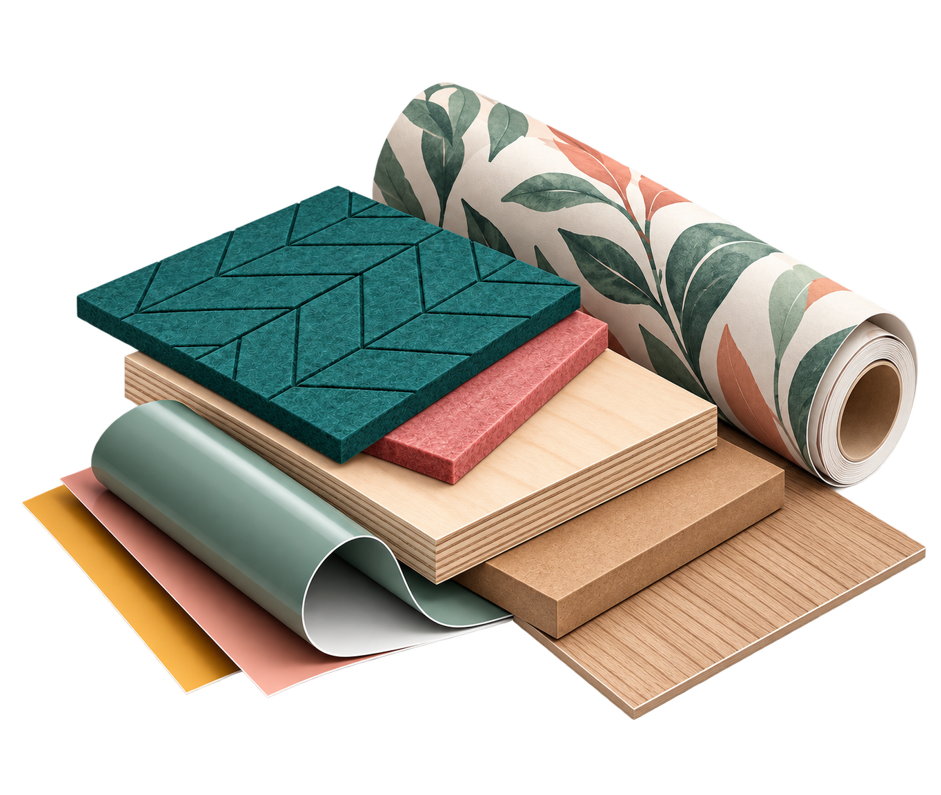 Compositie van multiplex, MDF, vilt, behang, folie en vloerafwerking