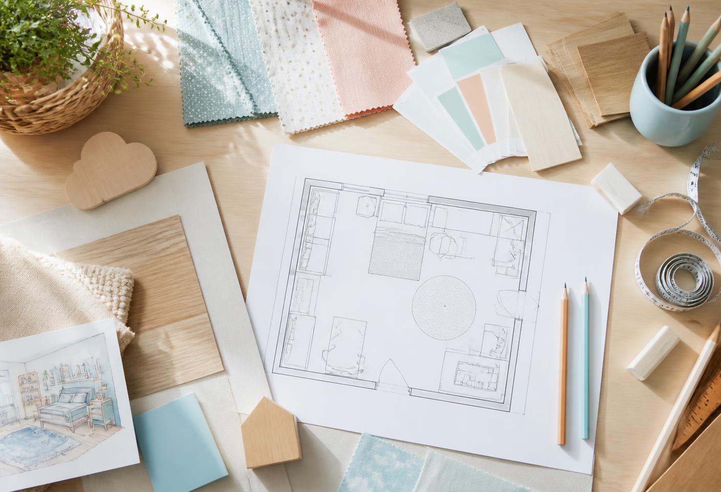 Ontwerptafel met materiaalstalen, kleuren en een plattegrond