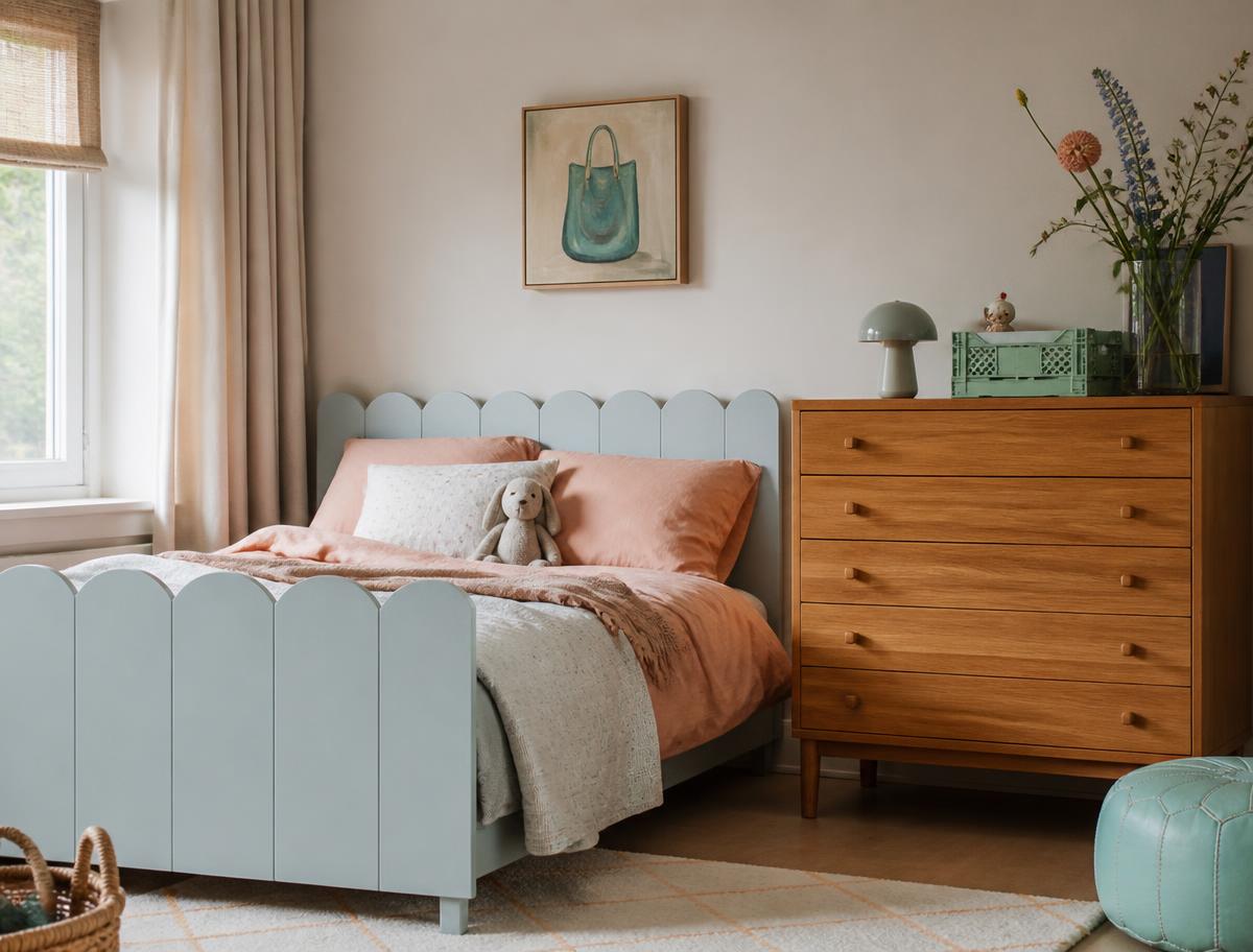 Afgewerkte kinderkamer met een lichtblauw bedfront